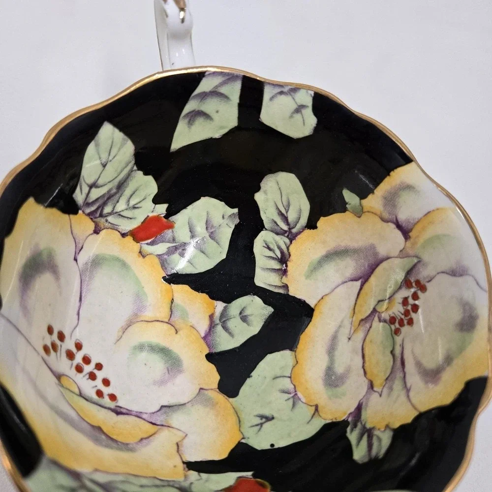 Paragon Fine Bone China Teacup & Saucer Black Yellow Hibiscus Vintage